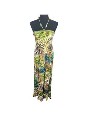 Just Love Stretch Bodice Bandeau Halter Maxi Dress Sz 2X Peacock Cheetah Beaded